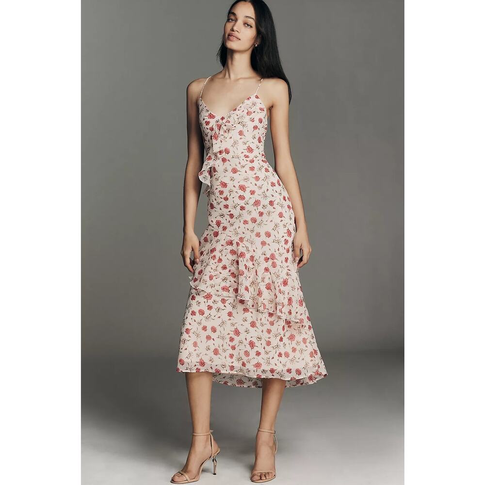NWT Anthropologie Pink Floral Sleeveless Ruffled Chiffon Midi Dress Size Small
